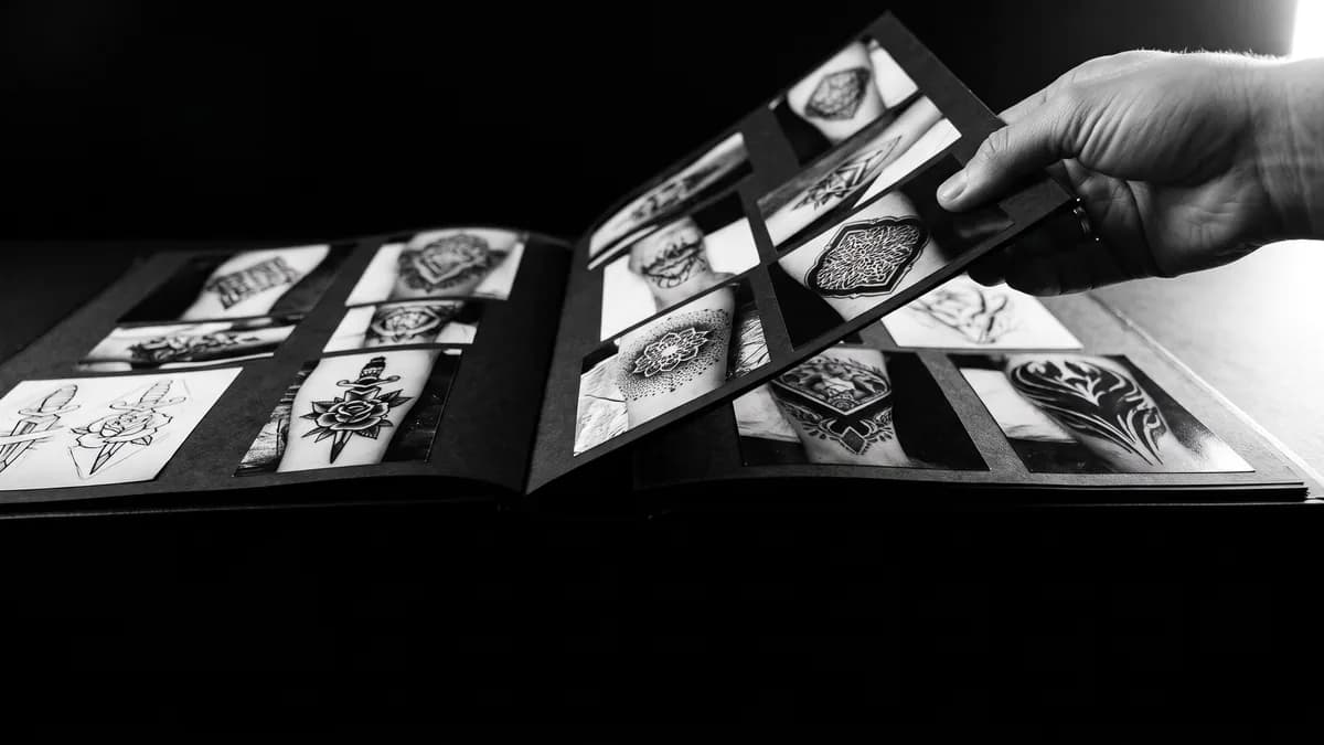 Carpeta de portafolio abierta con fotografías de tatuajes… — elegir tatuador o diseño, Delorean Tattoo Studio Cartagena
