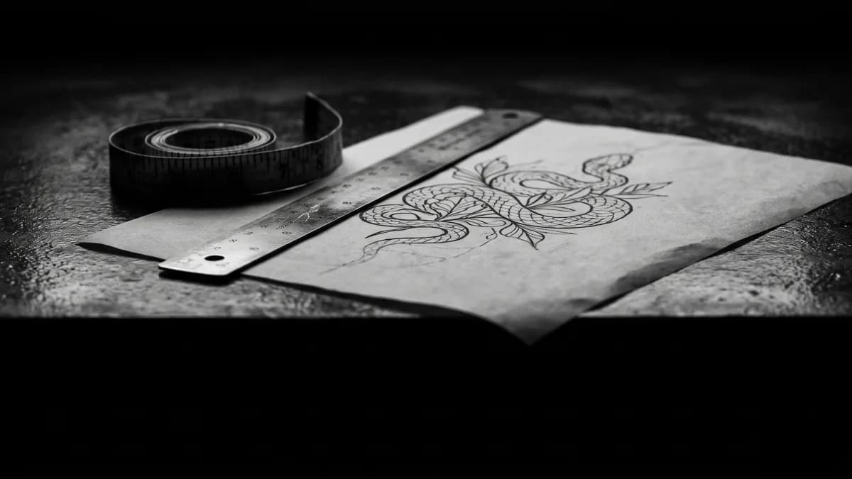 Cinta métrica de sastre y una regla metálica sobre papel… — precio tatuajes Cartagena, Delorean Tattoo Studio Cartagena