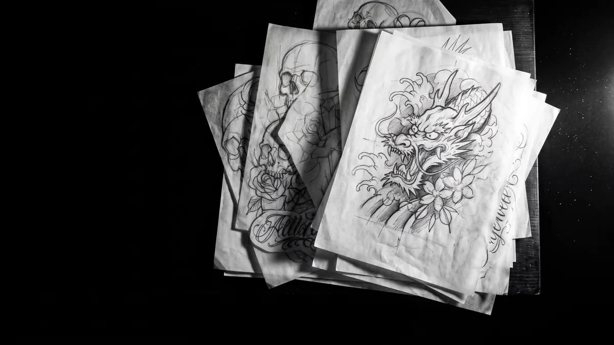 Bocetos a lápiz sobre papel vegetal apilados, con un trazo… — small tattoo Cartagena, Delorean Tattoo Studio Cartagena