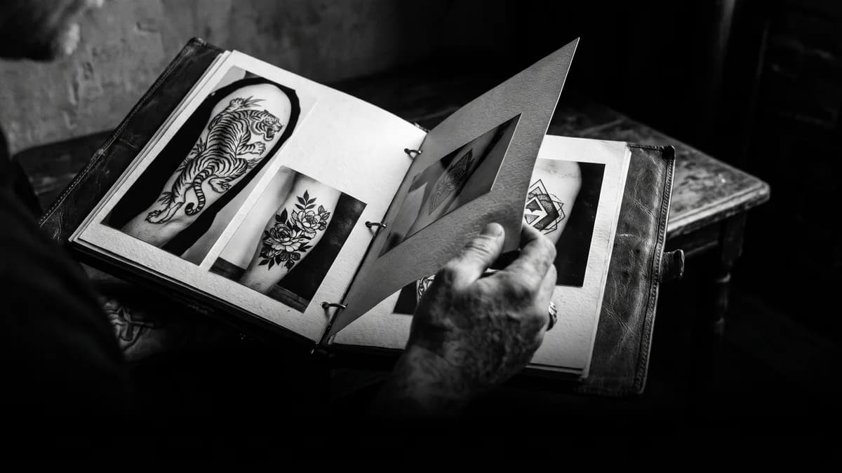 Carpeta de portafolio abierta con fotografías de tatuajes… — tatuadores Cartagena, Delorean Tattoo Studio Cartagena