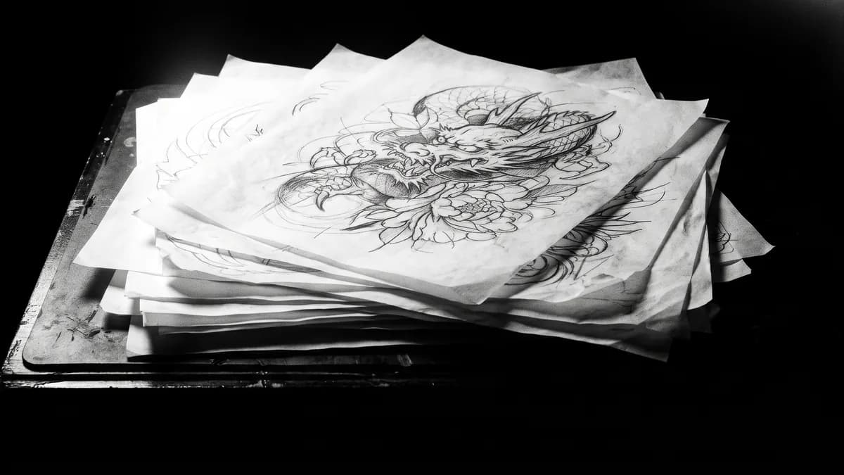 Bocetos a lápiz sobre papel vegetal apilados, con un trazo… — diseño tatuaje personalizado, Delorean Tattoo Studio Cartagena