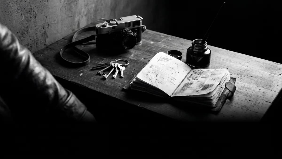Mostrador del estudio con una cámara analógica, unas llaves… — flying after tattoo, Delorean Tattoo Studio Cartagena