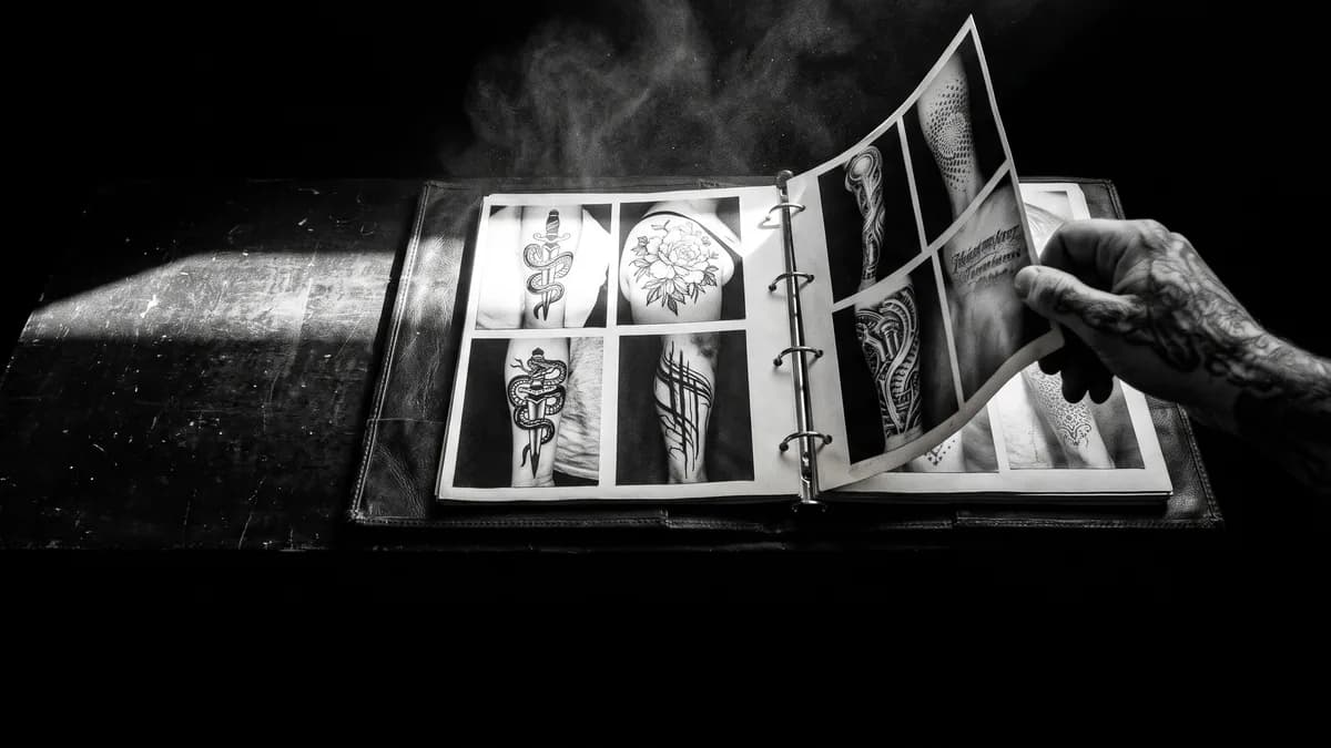 Carpeta de portafolio abierta con fotografías de tatuajes en blanco… — tatuador Cartagena, Delorean Tattoo Studio Cartagena