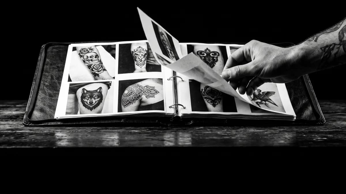 Carpeta de portafolio abierta con fotografías de tatuajes… — buen tatuador Cartagena, Delorean Tattoo Studio Cartagena