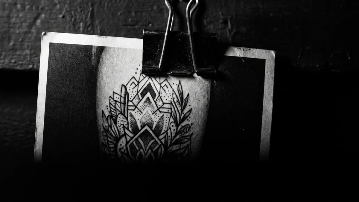 Fotografía de referencia impresa en blanco y negro sujeta… — proceso microrealismo, Delorean Tattoo Studio Cartagena