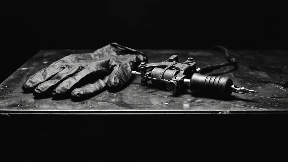 Guantes de nitrilo negros doblados junto a una máquina… — dónde duele menos tatuaje, Delorean Tattoo Studio Cartagena