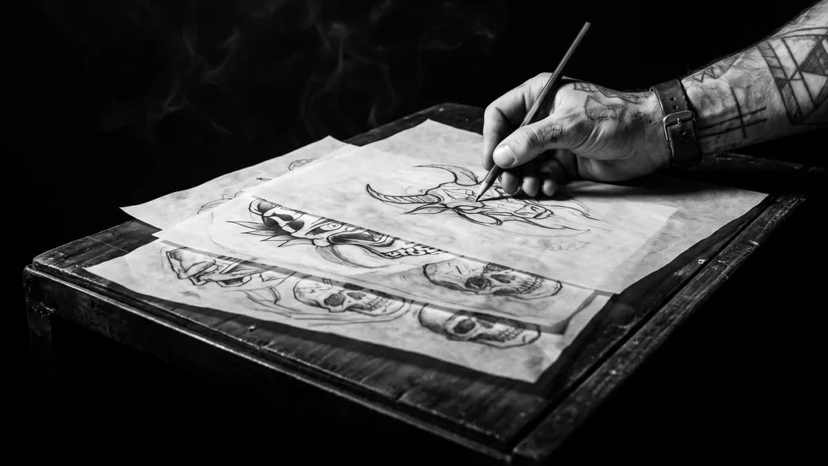 Bocetos a lápiz sobre papel vegetal apilados, con un trazo a medio terminar — tatuajes mar, Delorean Tattoo Studio Cartagena