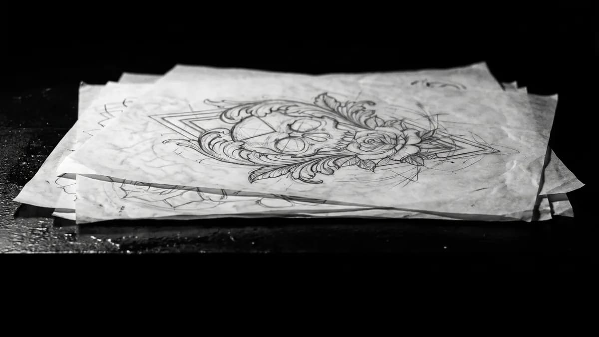 Bocetos a lápiz sobre papel vegetal apilados, con un trazo… — tatuajes Cartagena ideas, Delorean Tattoo Studio Cartagena