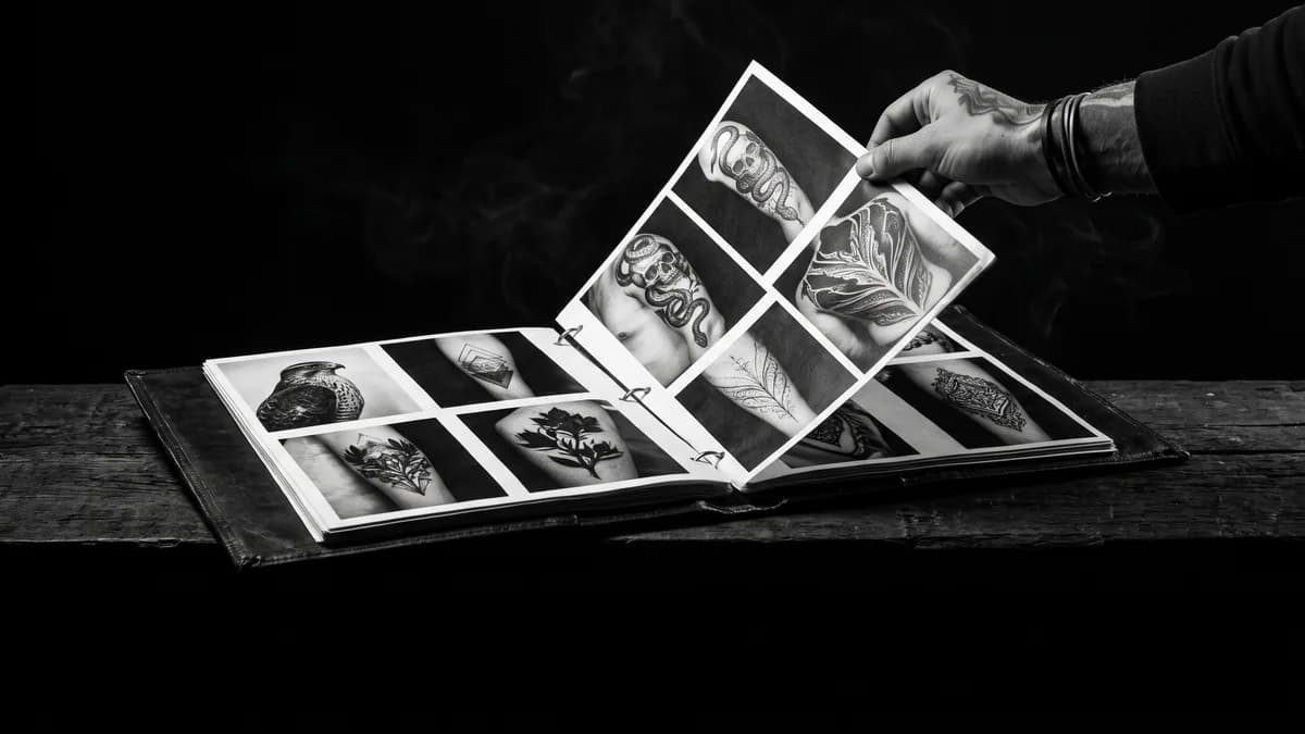Carpeta de portafolio abierta con fotografías de tatuajes… — elegir tatuador Cartagena, Delorean Tattoo Studio Cartagena