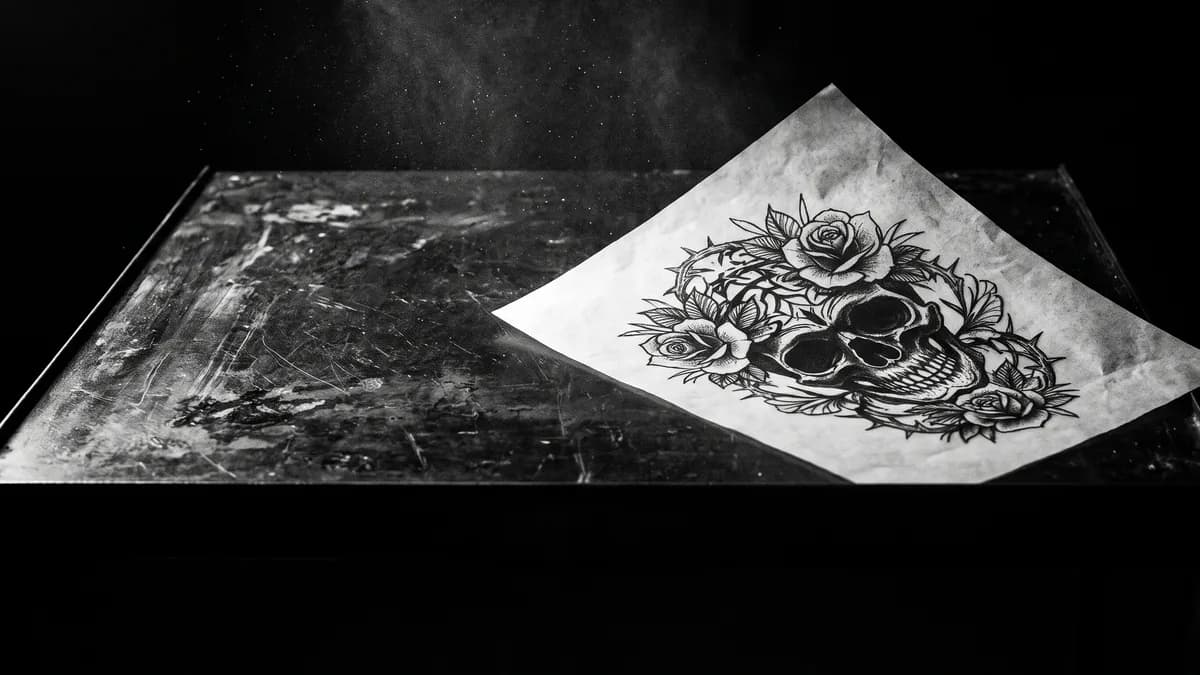 Papel de calco con un stencil recién impreso, levantándose… — tatuajes amigos Cartagena, Delorean Tattoo Studio Cartagena